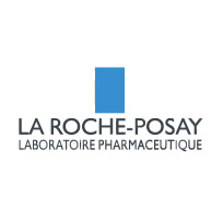 Das Logo von La Roche-Posay zeigt einen blauen Block über dem Firmennamen und dem Schriftzug "Laboratoire Pharmaceutique".